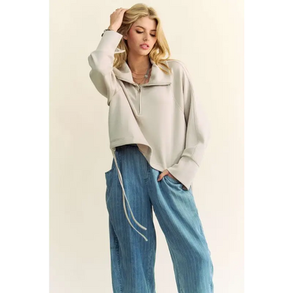Davi & Dani Drawstring Hem Half Zip Raglan Sleeve Sweatshirt.