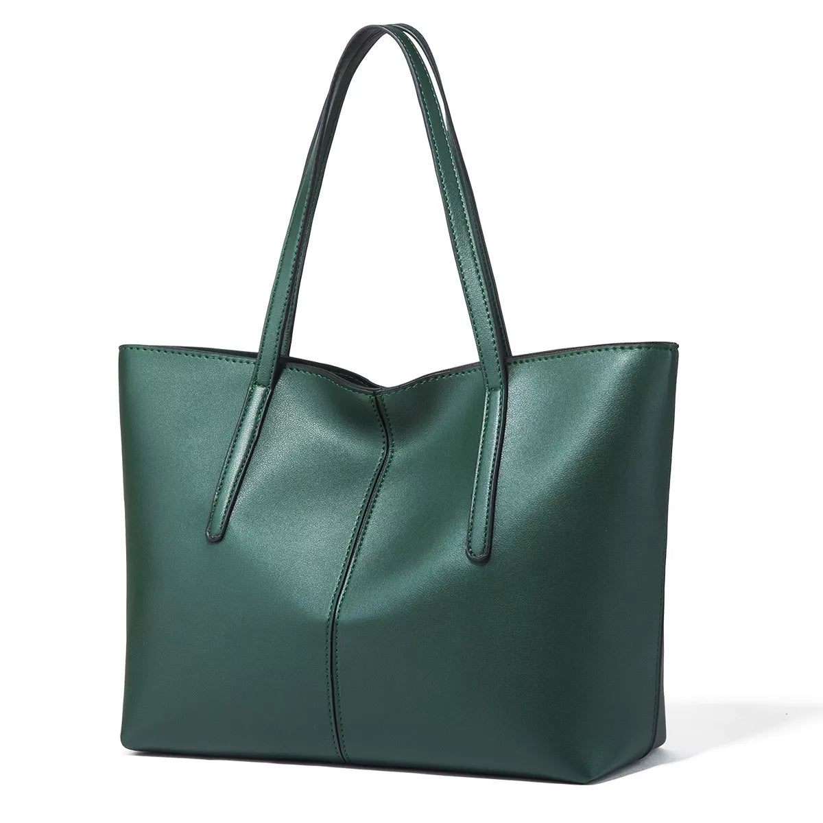 A dark green leather tote bag with double shoulder straps, shown from a three-quarter angle on a clean white background.