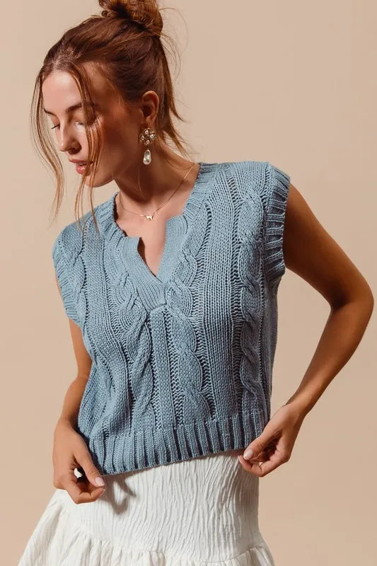 Notched Neck Cable Knit Sweater Vest.
