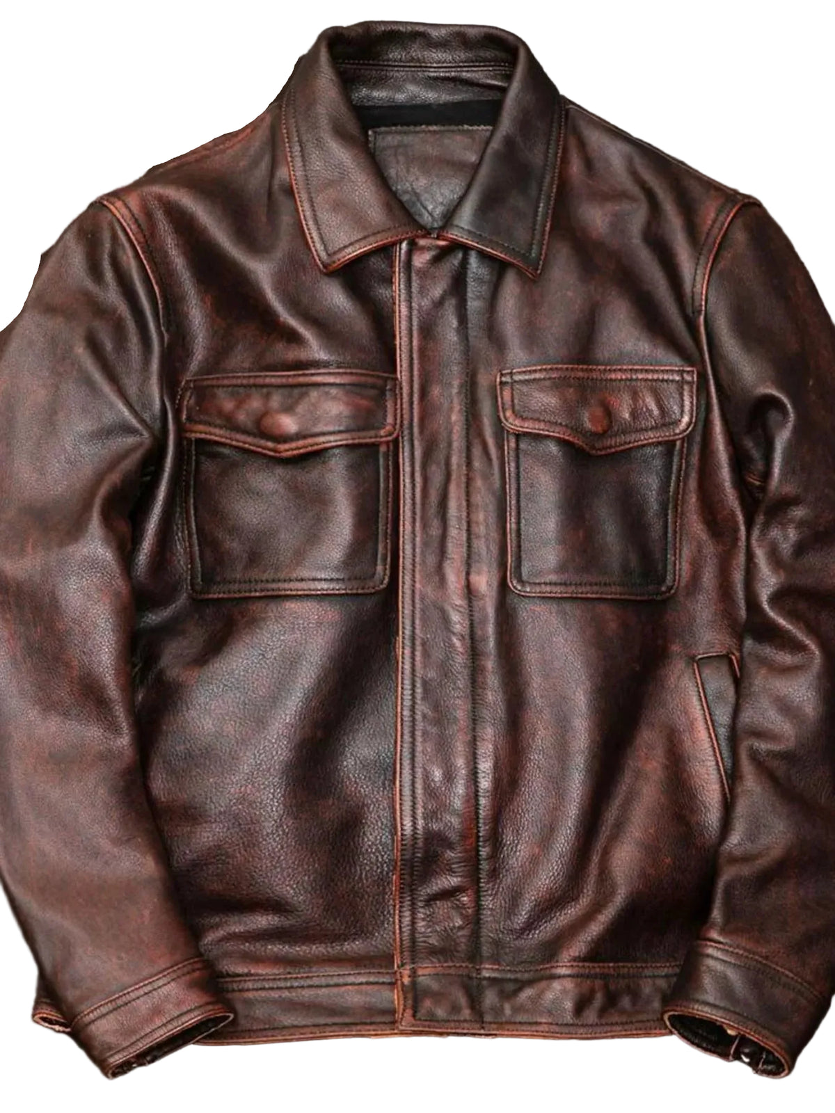 A dark brown distressed leather jacket with a pointed collar, front button closure, and two buttoned chest flap pockets, displayed against a textured gray background.