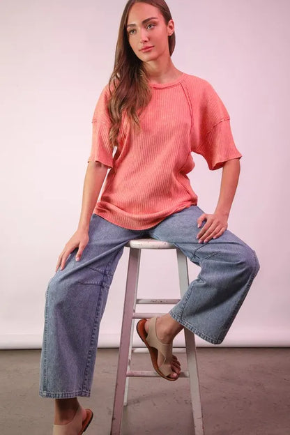 Mineral Washed Ribbed Knit Casual Top.