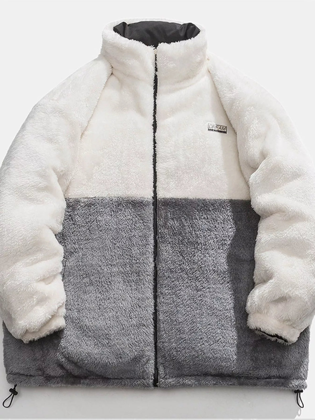 A color-blocked fleece jacket with a white sherpa upper section and sleeves, a gray textured lower panel, and a black zipper and inner lining, shown against a plain light background.