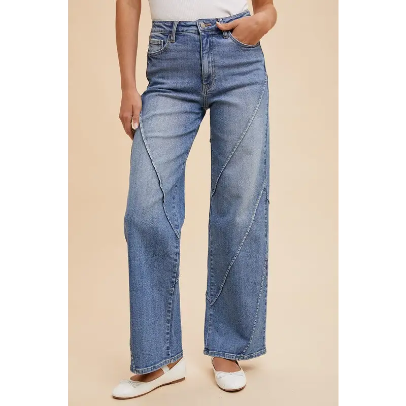 Decorative Seams Wide Leg Jeans.