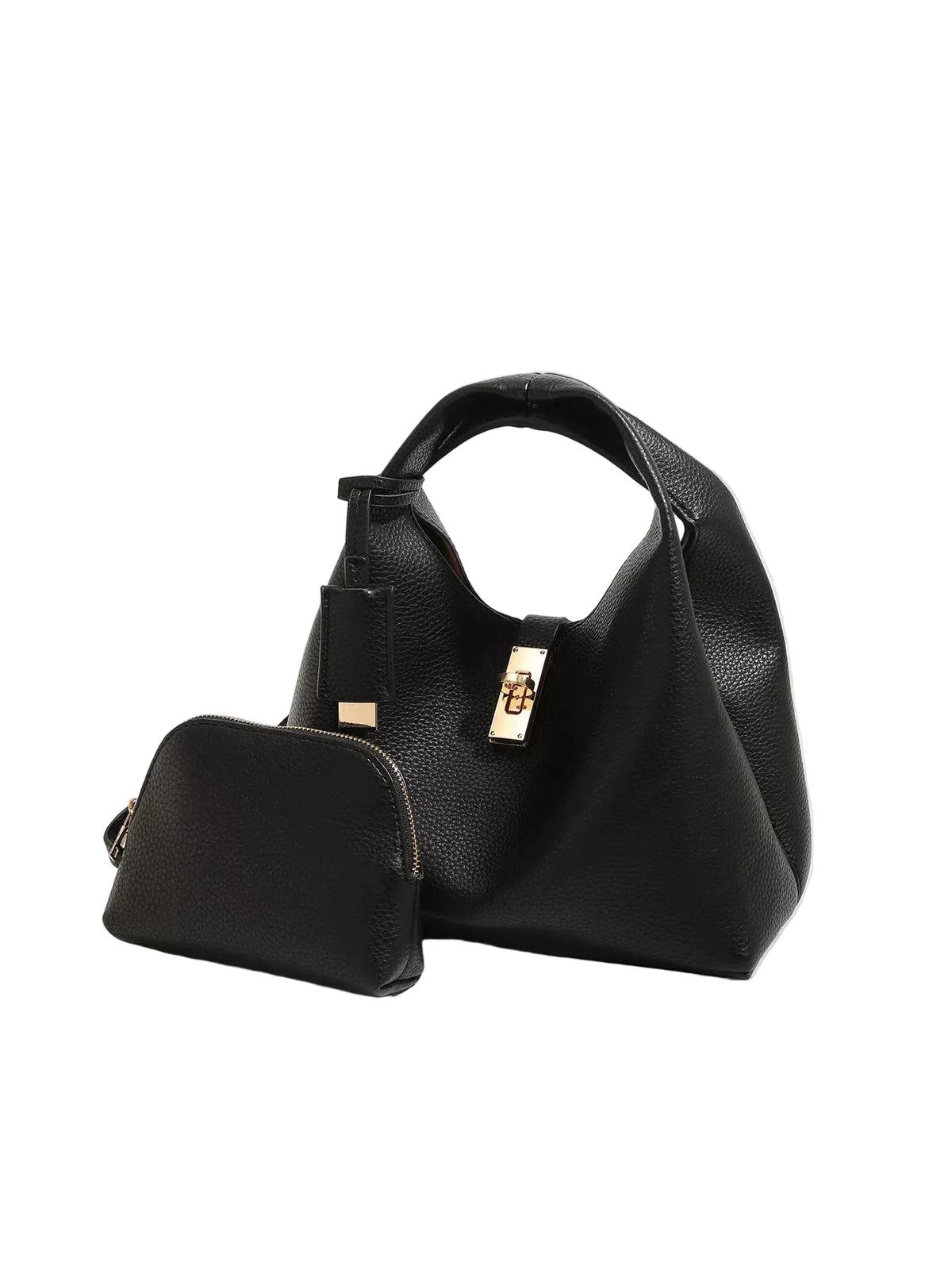 Black handbag with a matching pouch on a light gray background
