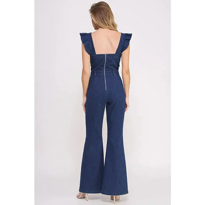 Denim Ruffle Flare Leg Jumpsuit.