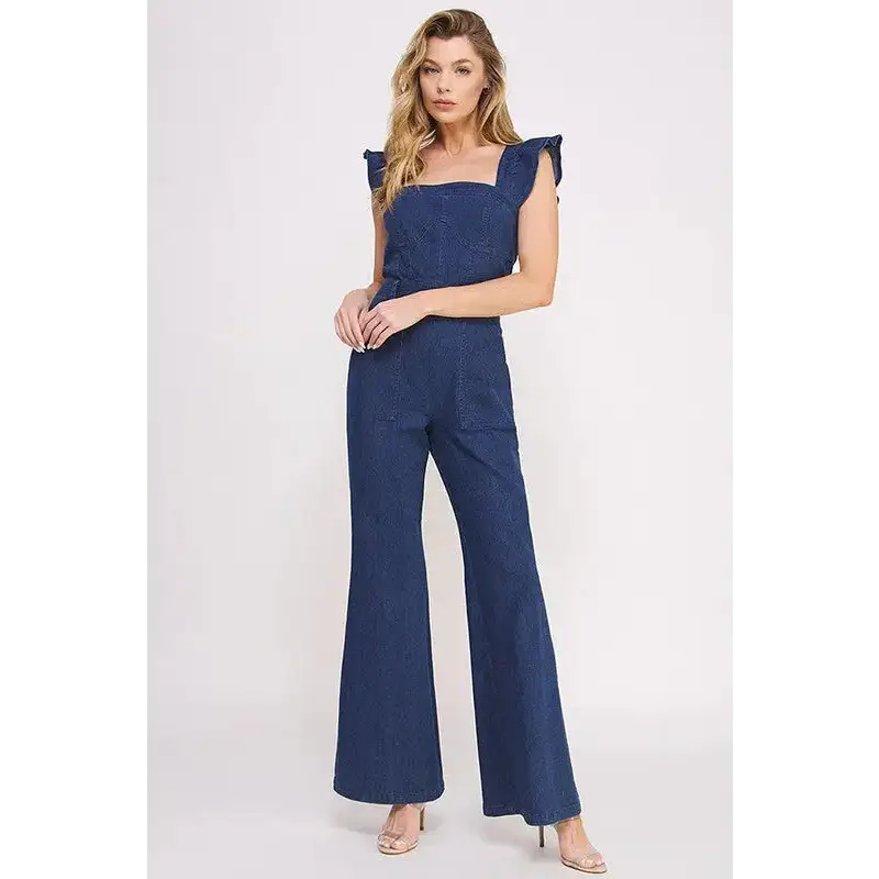 Denim Ruffle Flare Leg Jumpsuit.