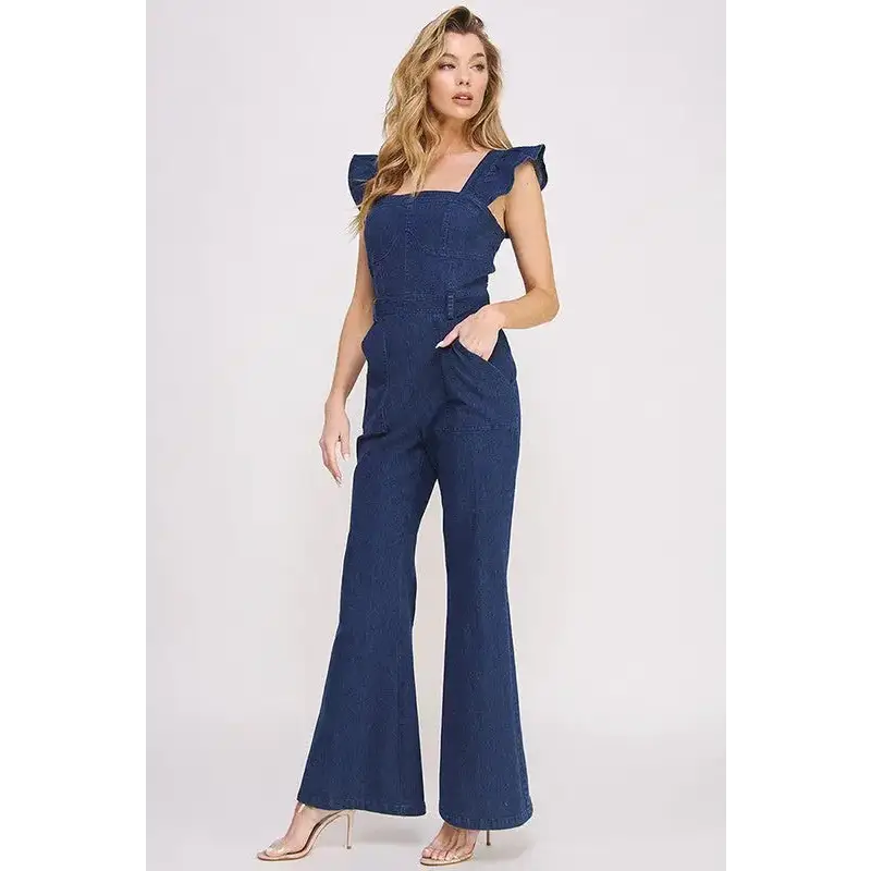 Denim Ruffle Flare Leg Jumpsuit.