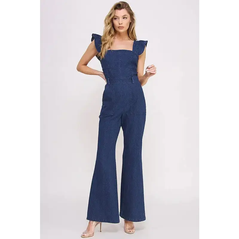 Denim Ruffle Flare Leg Jumpsuit.
