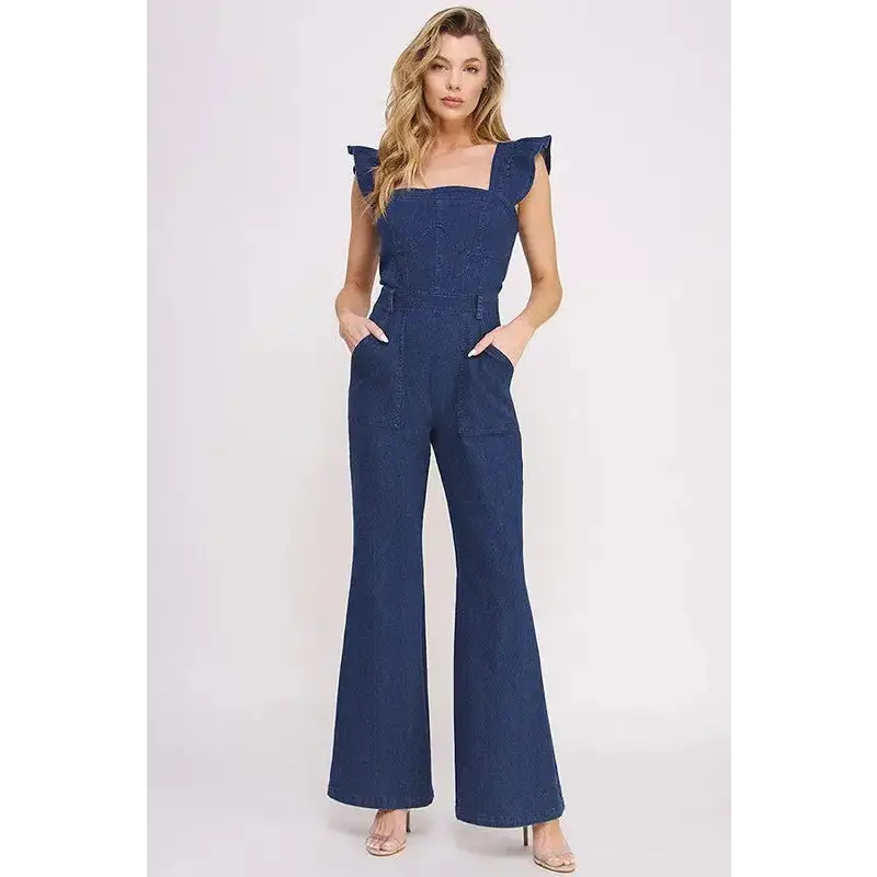 Denim Ruffle Flare Leg Jumpsuit.