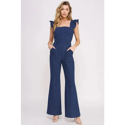 Denim Ruffle Flare Leg Jumpsuit.