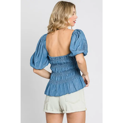 Denim Smocked Peplum Top.