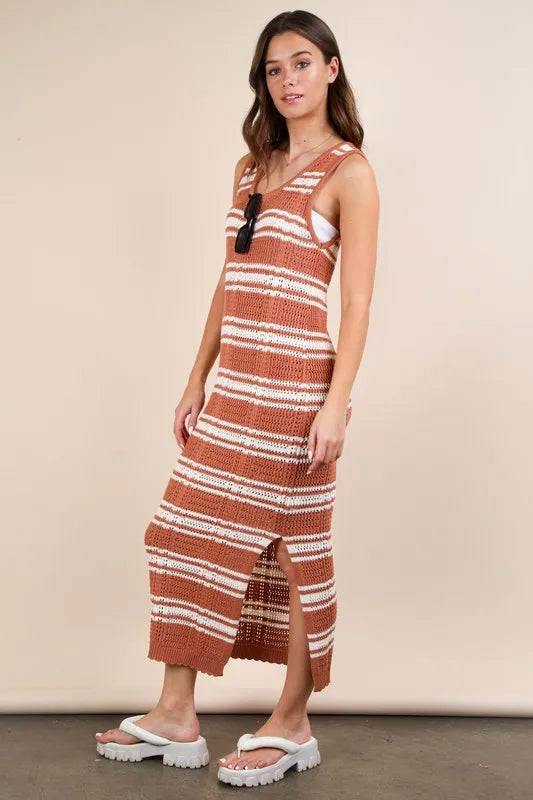 Stripe Knit Casual Sweater Midi Dress.