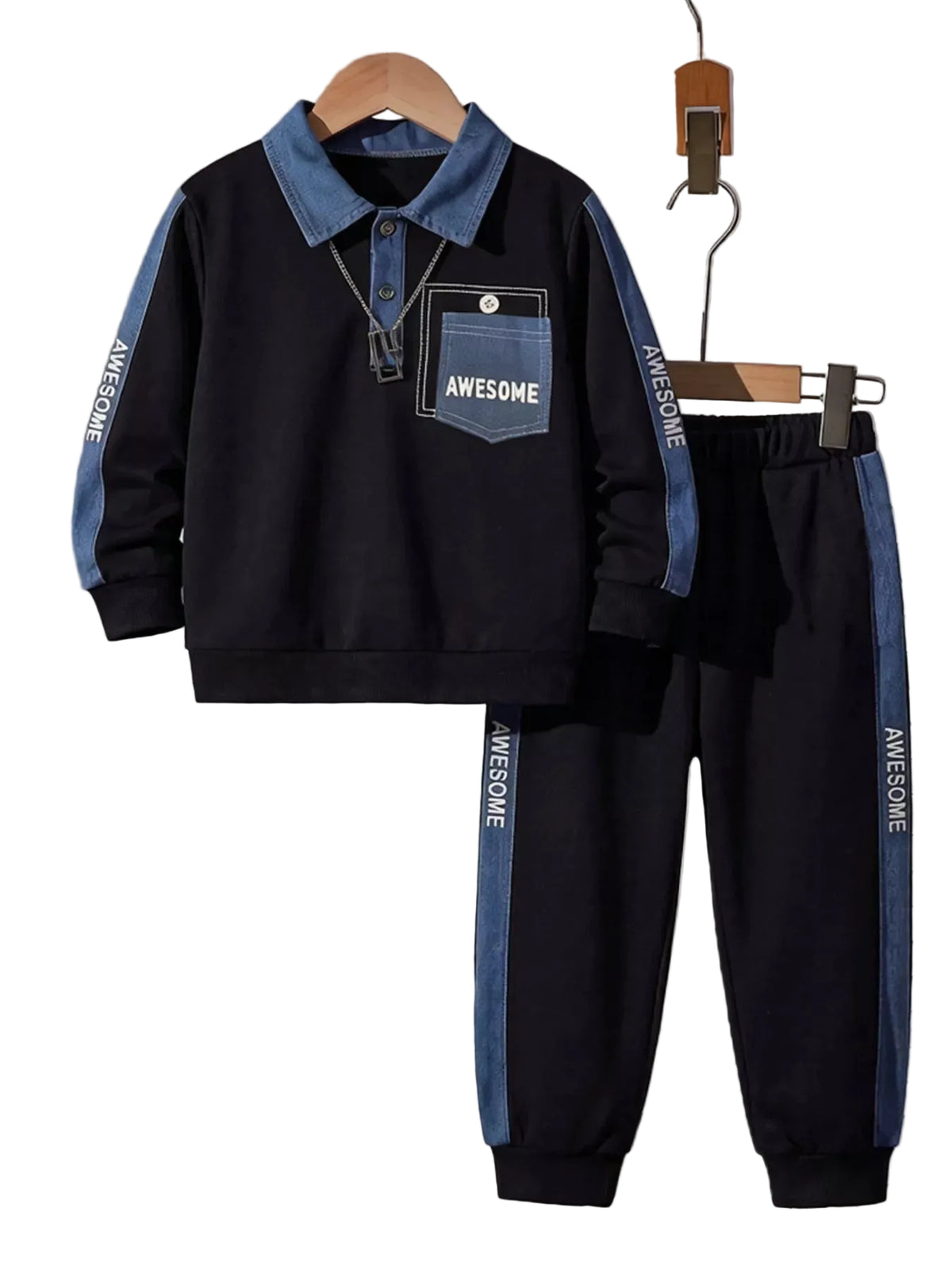 A two-piece kids' outfit set consisting of a long-sleeve polo-style sweatshirt and matching jogger pants, displayed on wooden hangers. The set features a dark navy blue body with light blue denim-like collar, sleeve panels, and pocket details, accented with white 'AWESOME' text.