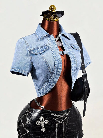 Vintage Wash Cropped Short Sleeve Denim Top