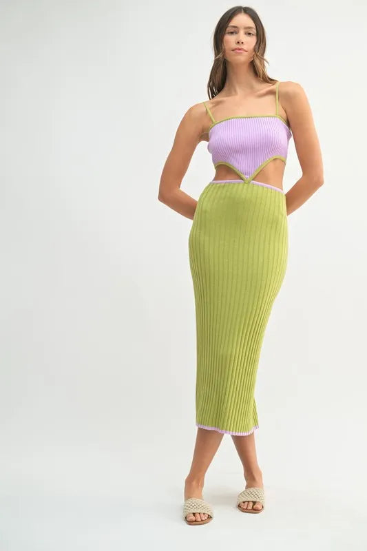 Ribbed Knit Color Block Cutout Midi Dress.