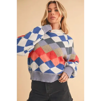 Diamond Mock Neck Raglan Sleeve Sweater.
