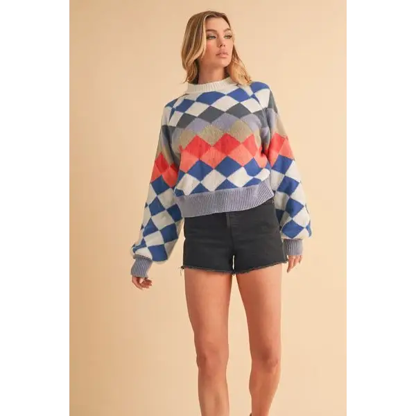Diamond Mock Neck Raglan Sleeve Sweater.