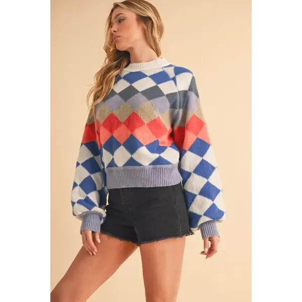 Diamond Mock Neck Raglan Sleeve Sweater.
