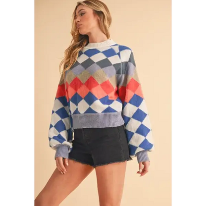 Diamond Mock Neck Raglan Sleeve Sweater.