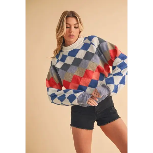 Diamond Mock Neck Raglan Sleeve Sweater.