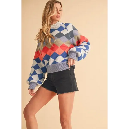 Diamond Mock Neck Raglan Sleeve Sweater.