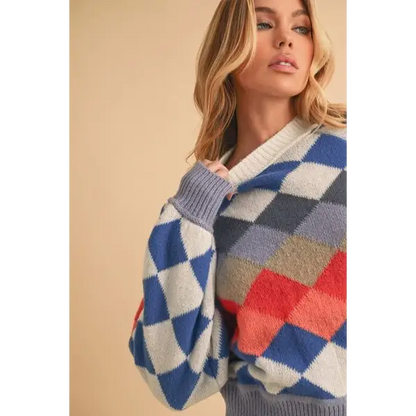 Diamond Mock Neck Raglan Sleeve Sweater.