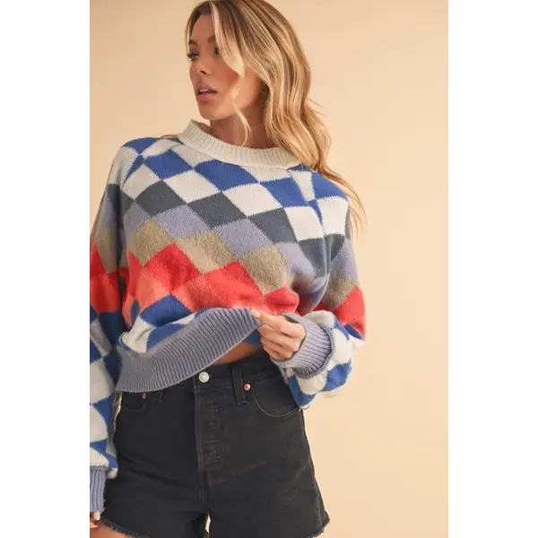 Diamond Mock Neck Raglan Sleeve Sweater.