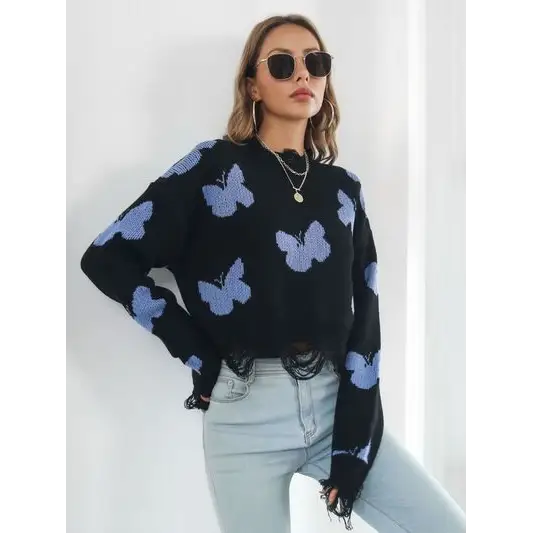 Distressed Butterfly Cropped Sweater.