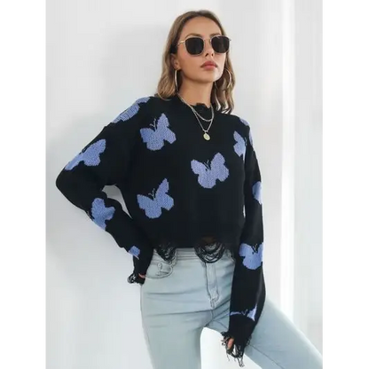 Distressed Butterfly Cropped Sweater.
