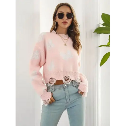 Distressed Butterfly Cropped Sweater.