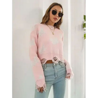 Distressed Butterfly Cropped Sweater.