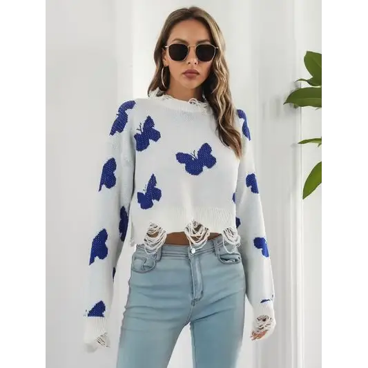 Distressed Butterfly Cropped Sweater.