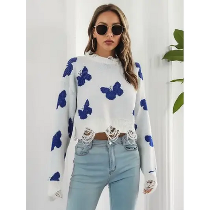 Distressed Butterfly Cropped Sweater.
