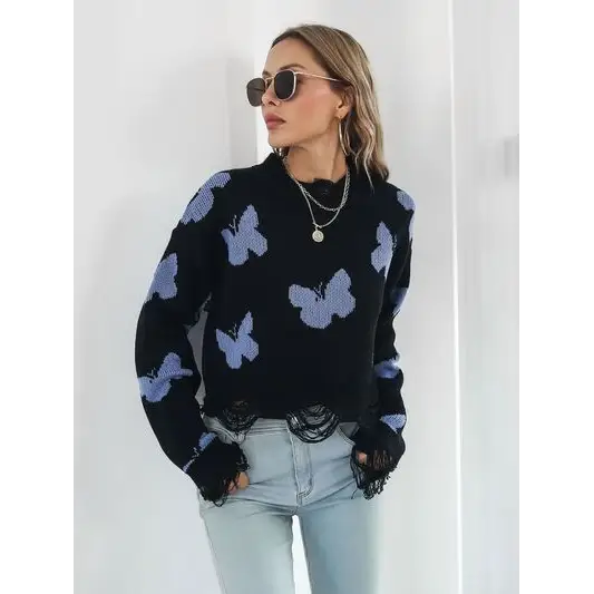 Distressed Butterfly Cropped Sweater.