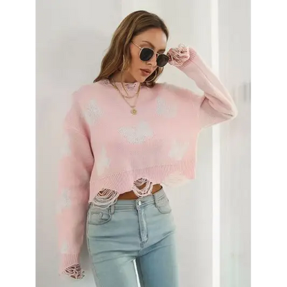 Distressed Butterfly Cropped Sweater.