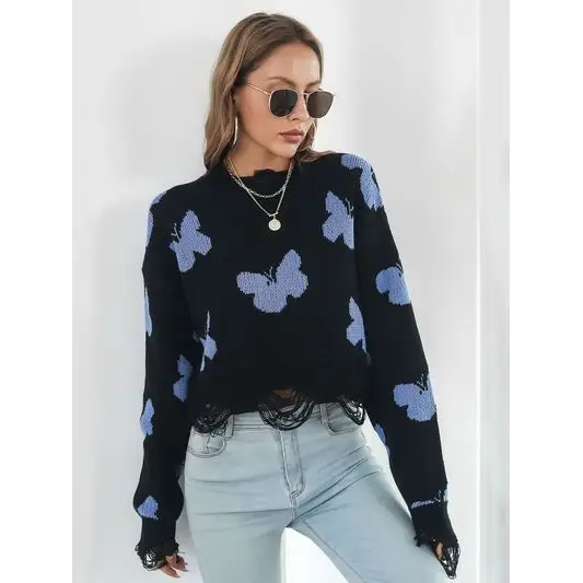 Distressed Butterfly Cropped Sweater.