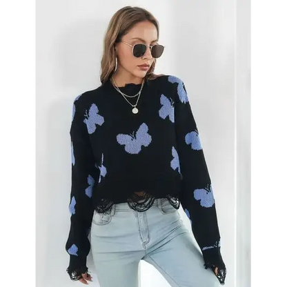 Distressed Butterfly Cropped Sweater.
