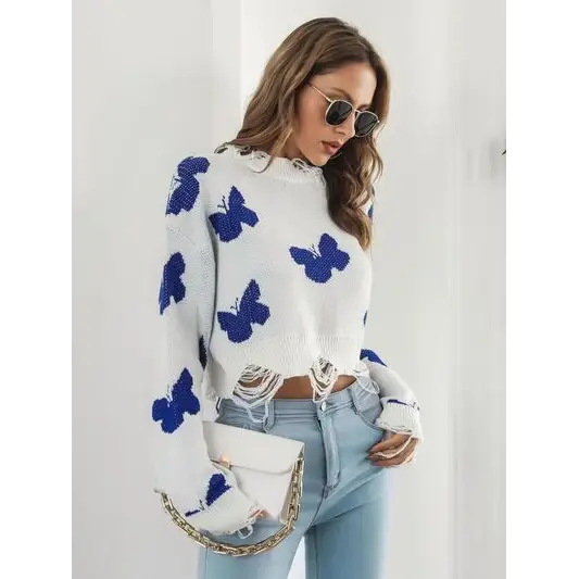 Distressed Butterfly Cropped Sweater.