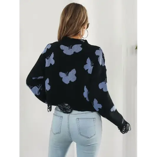 Distressed Butterfly Cropped Sweater.