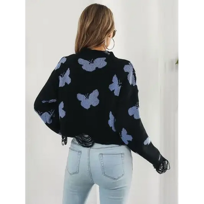 Distressed Butterfly Cropped Sweater.
