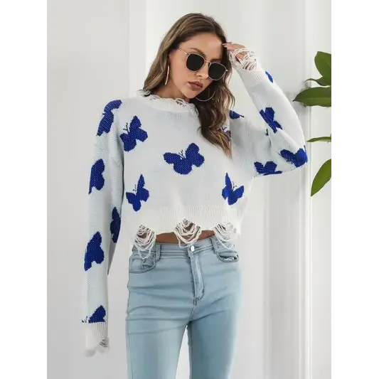 Distressed Butterfly Cropped Sweater.