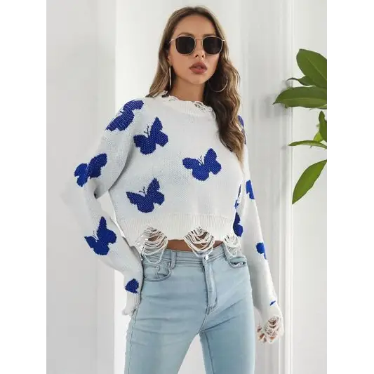 Distressed Butterfly Cropped Sweater.