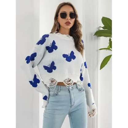 Distressed Butterfly Cropped Sweater.