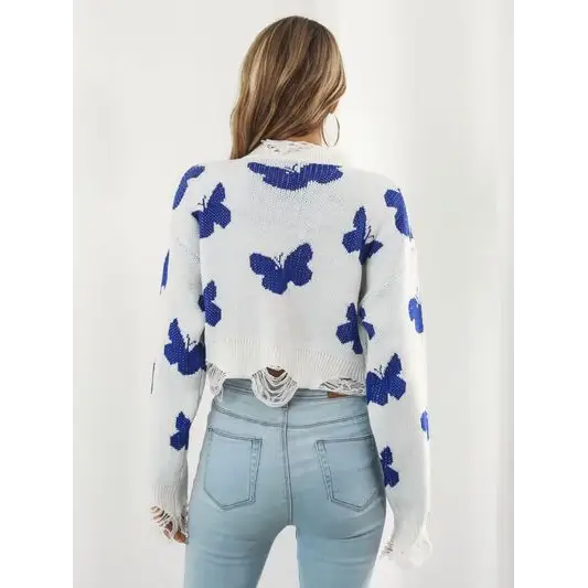 Distressed Butterfly Cropped Sweater.