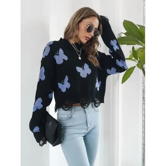 Distressed Butterfly Cropped Sweater.
