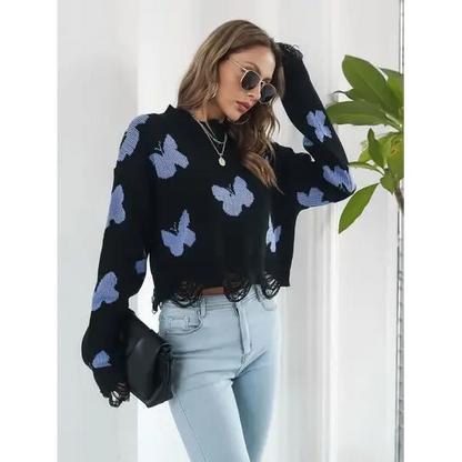 Distressed Butterfly Cropped Sweater.