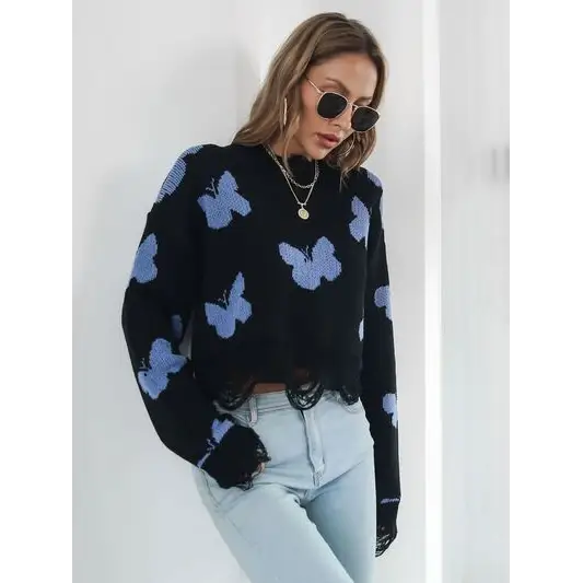 Distressed Butterfly Cropped Sweater.