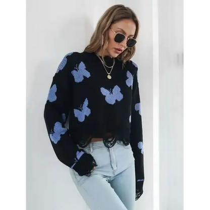Distressed Butterfly Cropped Sweater.