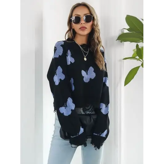 Distressed Butterfly Cropped Sweater.