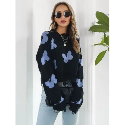 Distressed Butterfly Cropped Sweater.